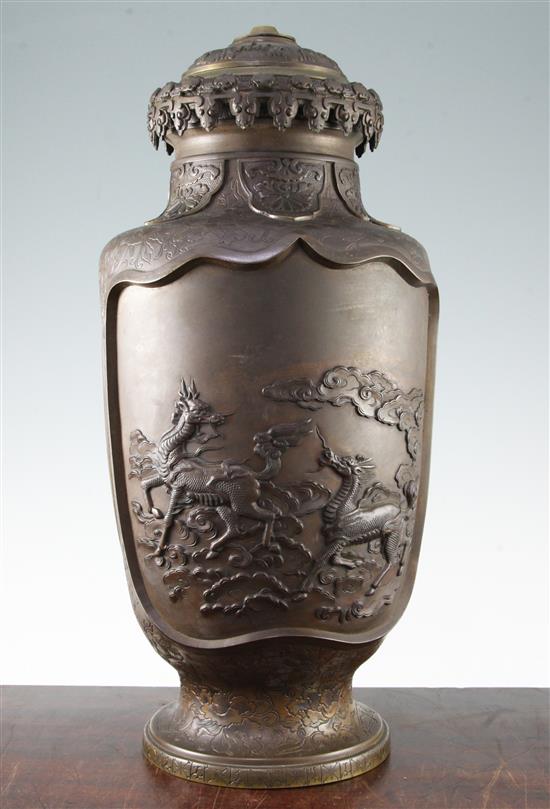 A large Japanese bronze vase, Meiji period, including lamp fitting 51cm